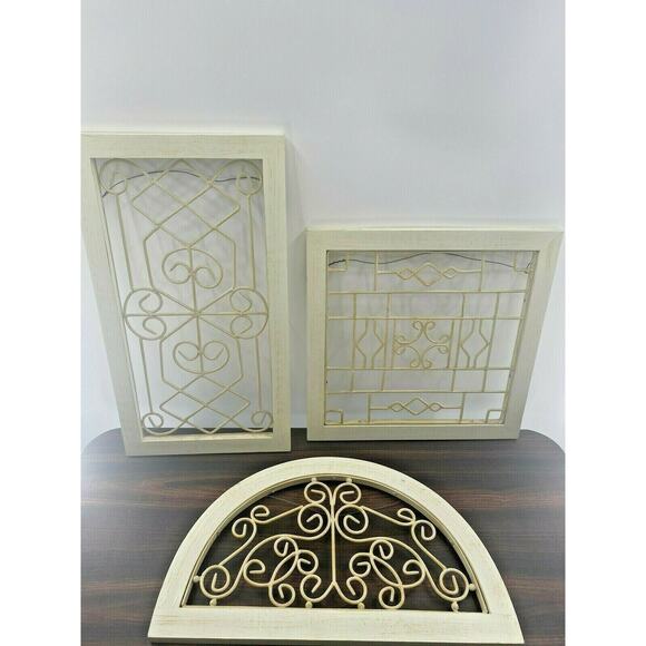 Vintage Shabby Chic Metal Scroll Whitewashed Wall Garden Patio Art x3 - Picture 2 of 12